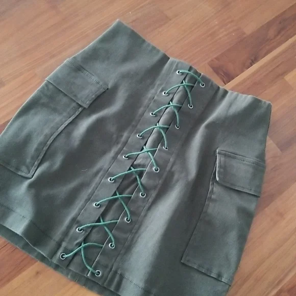 Olive green Akira lace up mini skirt - Picture 2 of 4